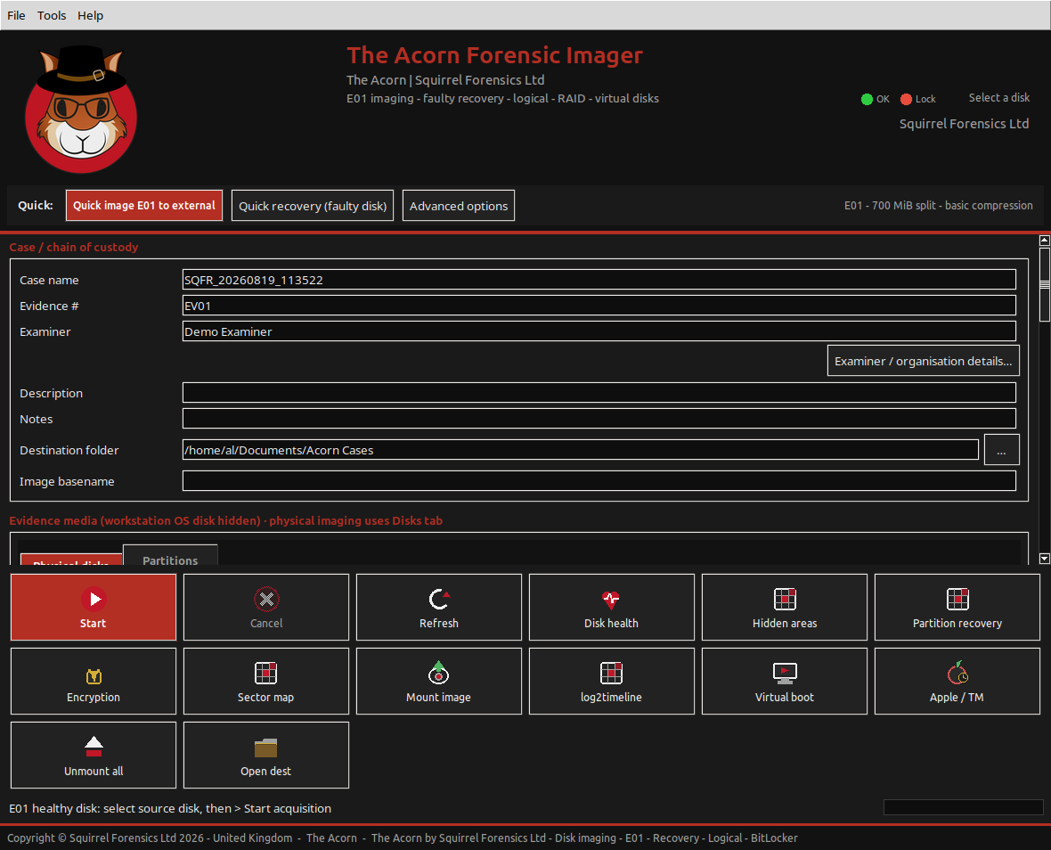 Acorn Forensic Imager showing case details, acquisition options and evidence-media tools before a source disk is selected.