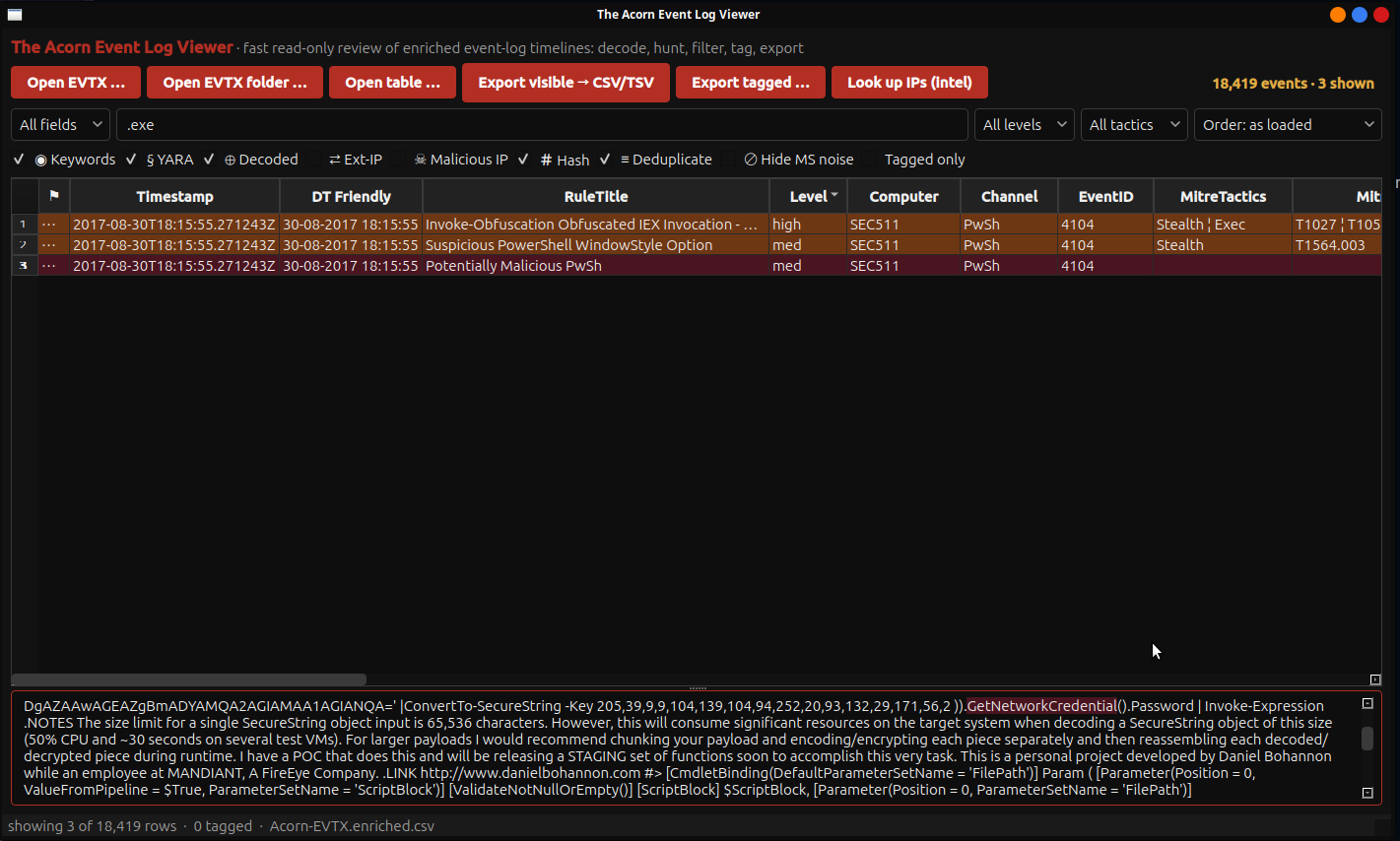Acorn Event Log Viewer shows three filtered PowerShell training records and decoded script text.