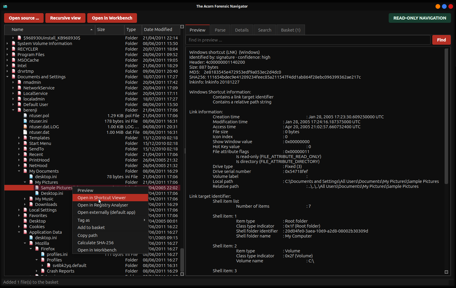 Acorn Forensic Navigator parses a Windows shortcut from the public NPS scenario and offers specialist viewers, tagging and basket actions.