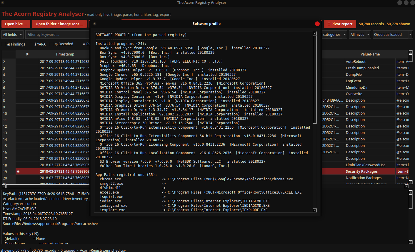 Acorn Registry Analyser displays installed software and application paths from the public Lone Wolf training scenario.