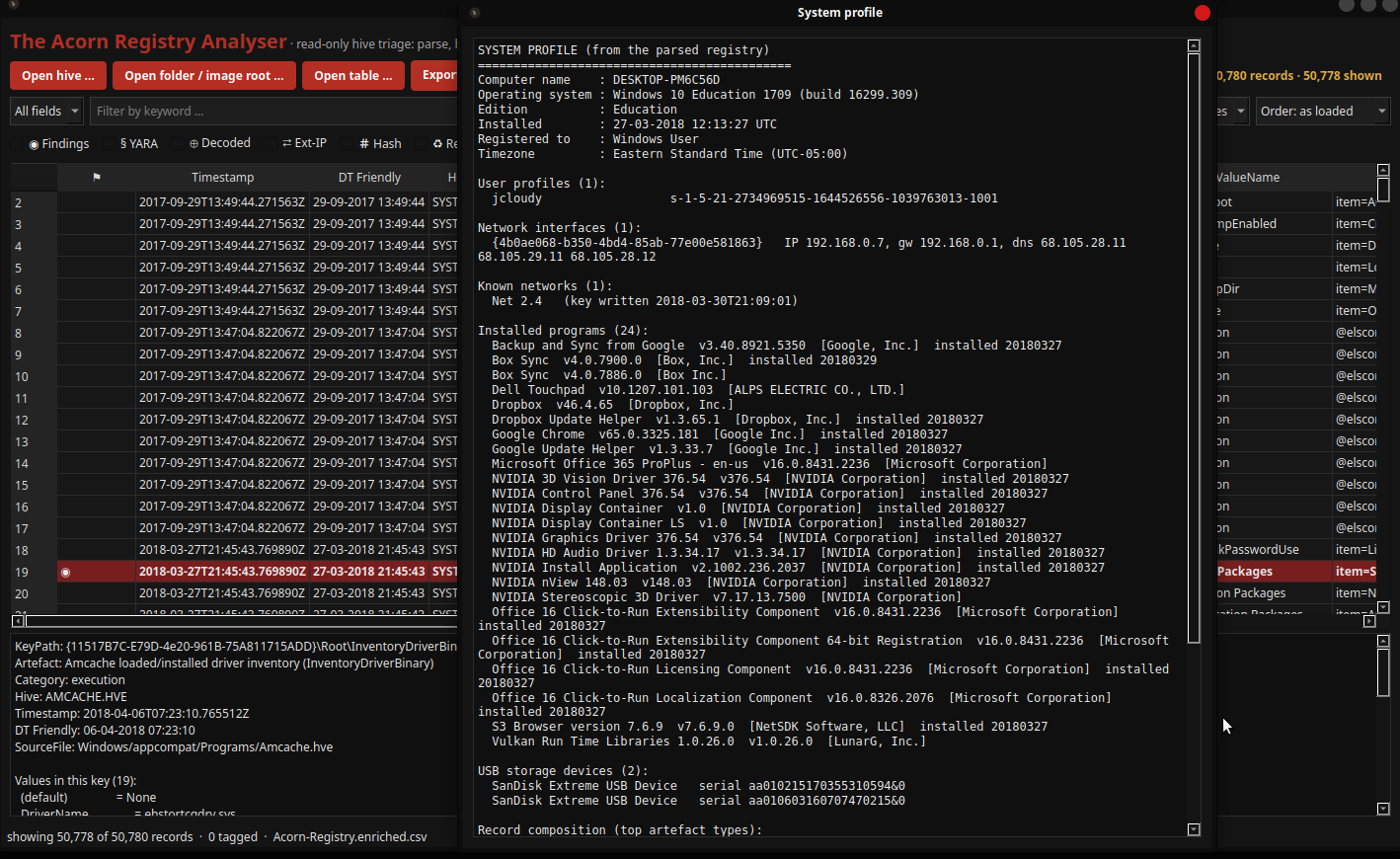 Acorn Registry Analyser summarises the public Lone Wolf training system, including Windows version, user profile, network settings and registered software.