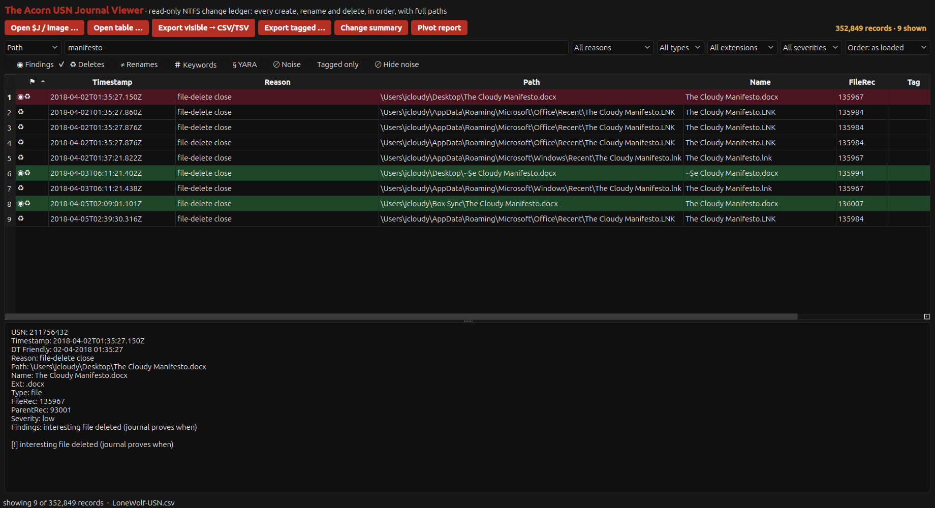 Acorn USN Viewer selects nine public Lone Wolf deletion records involving manifesto-named documents and shortcuts.