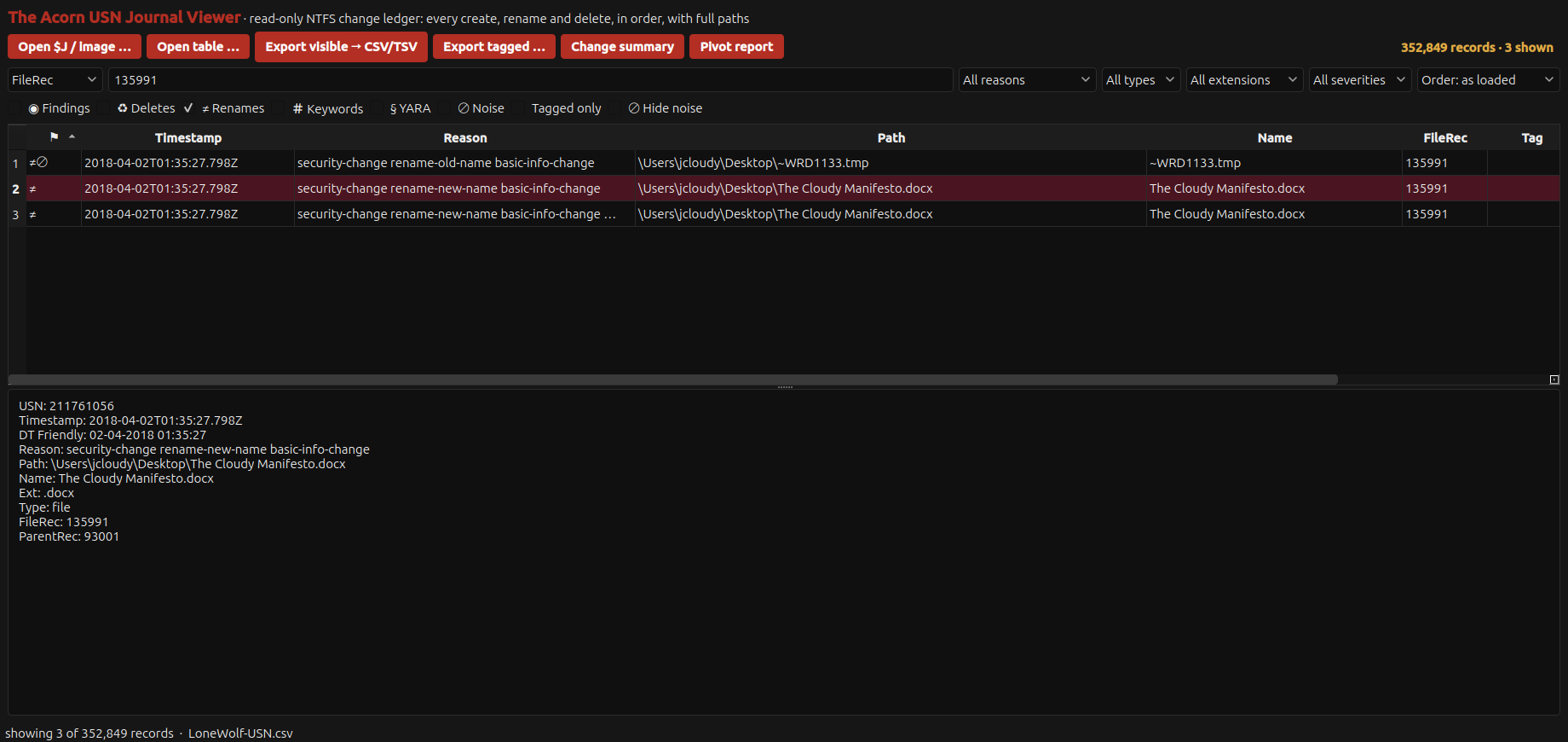 Acorn USN Viewer shows three adjacent rename records for file reference 135991 in the public Lone Wolf journal.