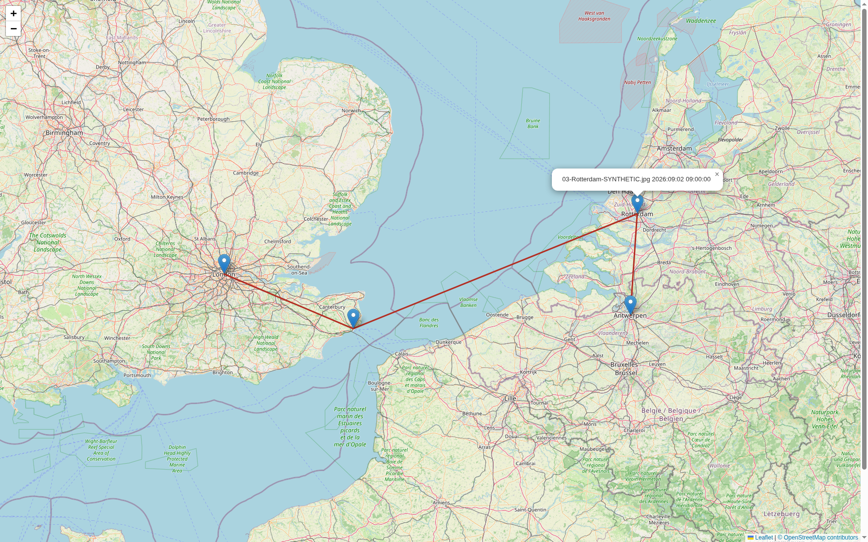 Acorn GeoExif map output plots four synthetic JoeBloggs photo locations at London, Dover, Rotterdam and Antwerp, with the Rotterdam record selected.