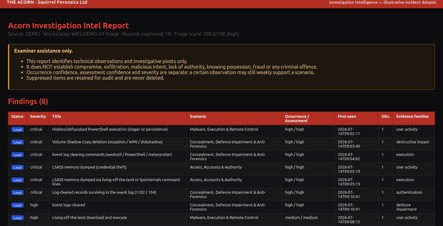 Acorn intelligence report with eight findings from an explicitly illustrative incident dataset.