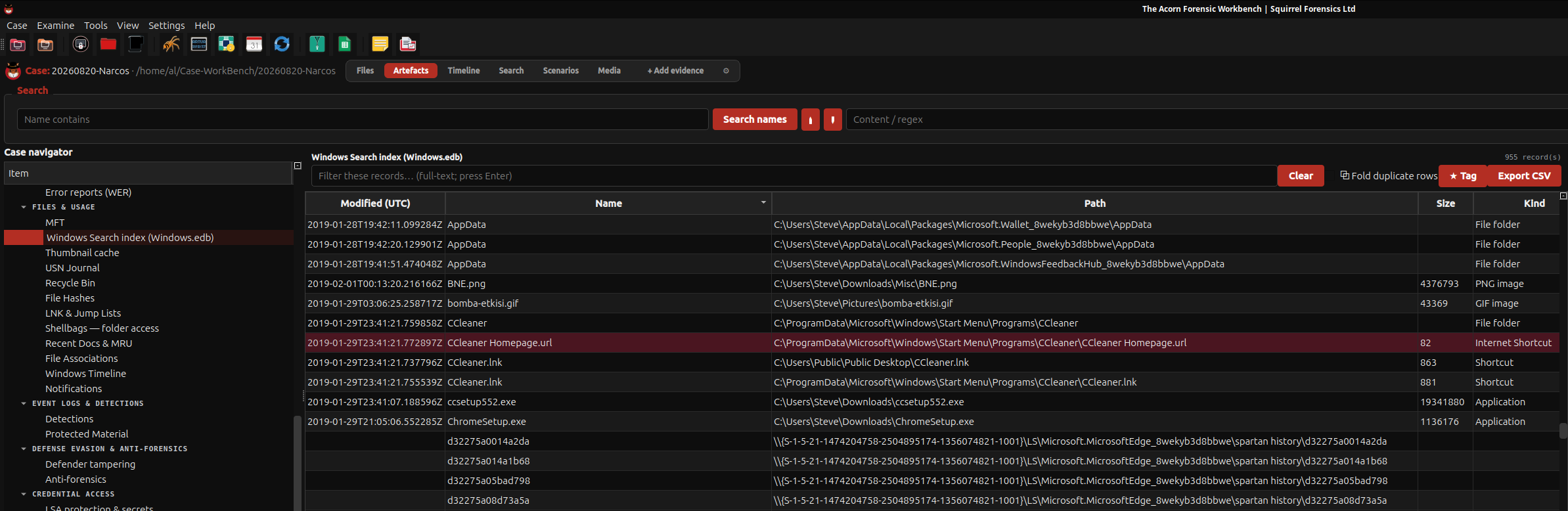 Acorn Workbench displaying populated Windows Search index records from the Narcos public training case.