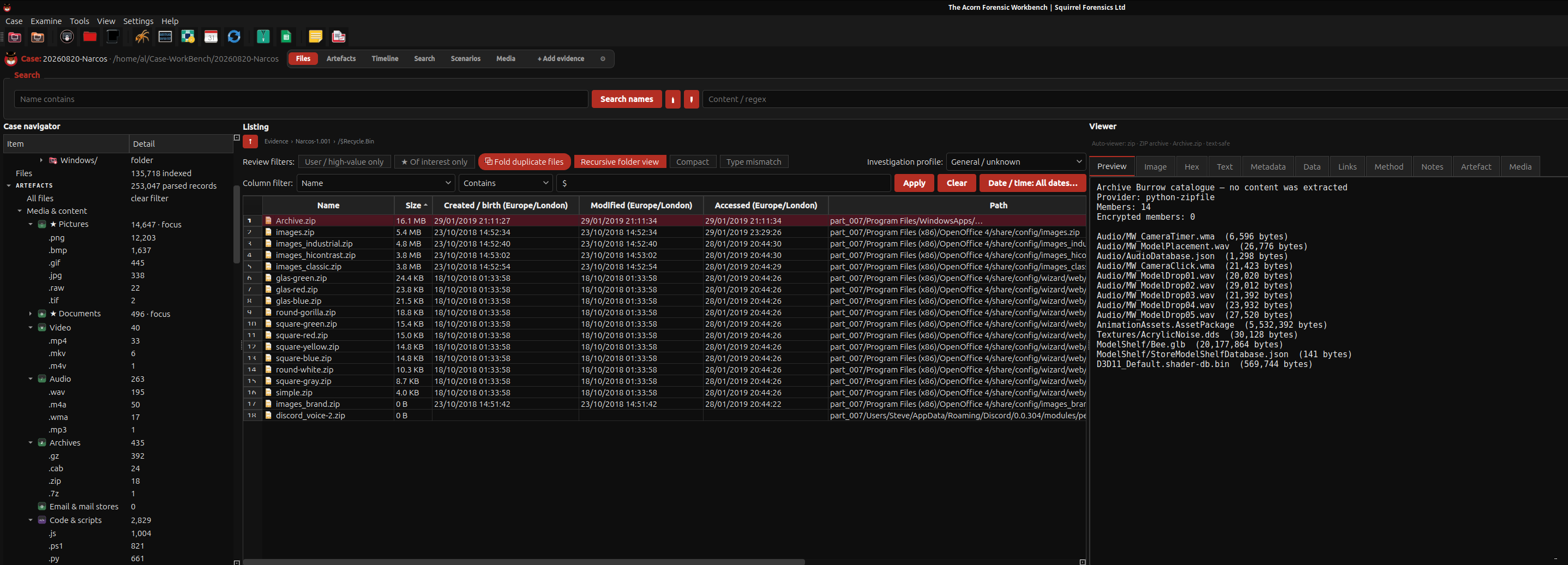 Workbench file list filtered by detected type with an archive preview alongside it.