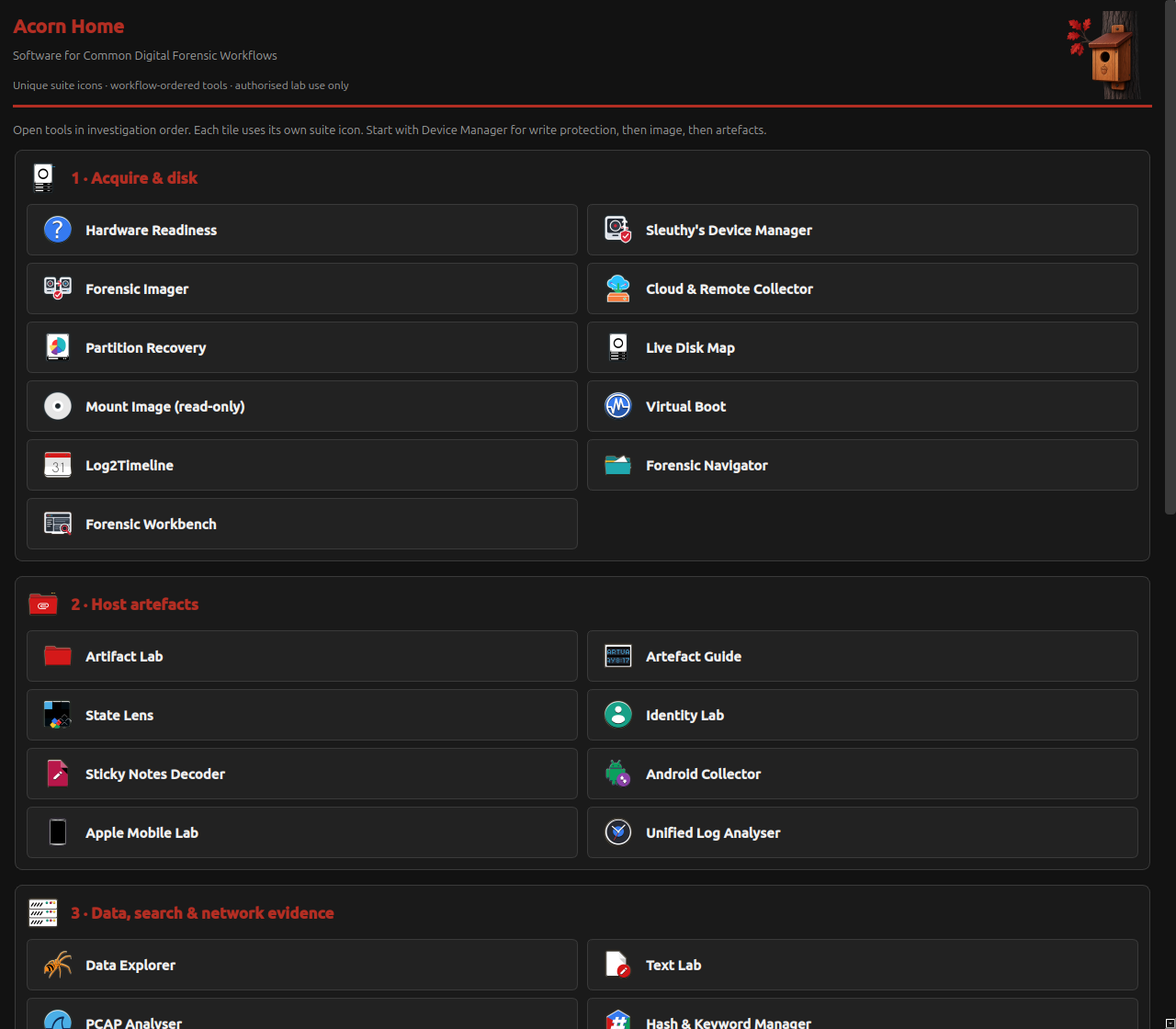 Acorn Home showing acquisition, host-artefact and data-analysis workflow tiles.